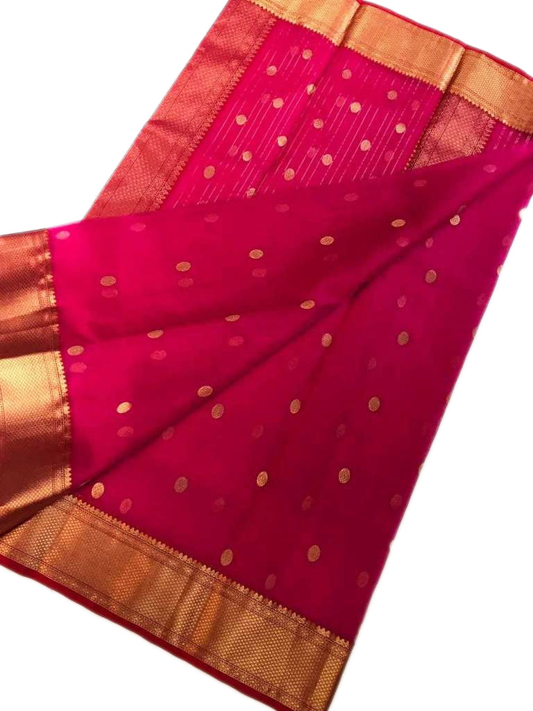 Hot Pink Chanderi Silk Saree With Gold Border- CSH039