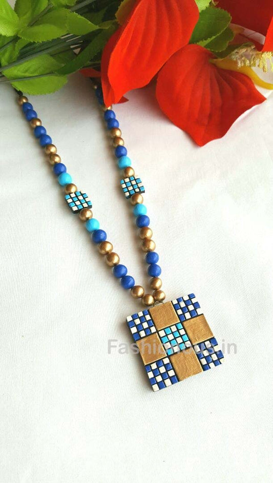 Checked Blue and Golden Terracotta Necklace-TJS-032