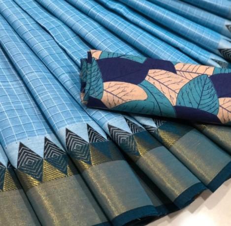 Checkered Diamond Border Blue Chettinad Saree-CS709