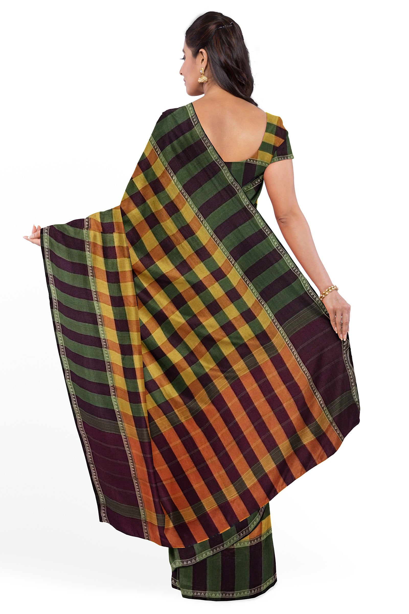 Multi-color checked chettinad cotton saree with unqiue buttas, intricate  border & pallu of stripes & buttas