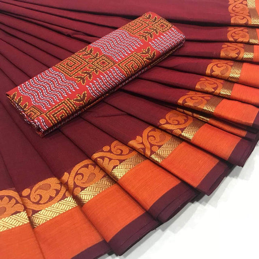 Artsy Amber Chettinad Cotton Saree with Kalamkari Blouse-008