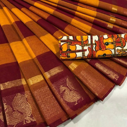 Traditional Pure Cotton Saree with Peacock Motif Border - CSH012