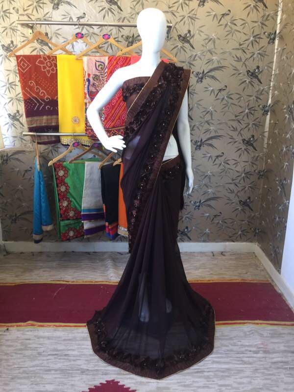 Chocolate Brown Georgette with Ribbon work and Rose Lace Designer Saree-SRE-208