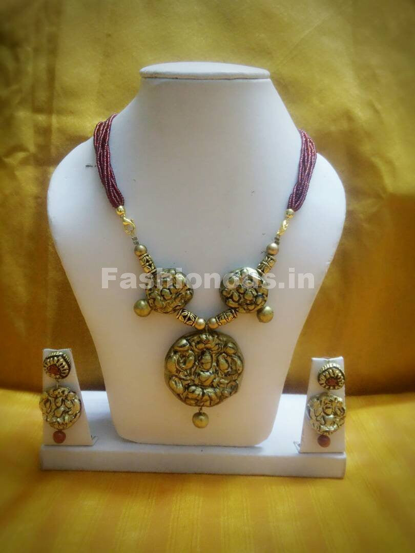 Combo of Antique Designs with Maroon Beaded Rope Polymer Clay Jewellery Set