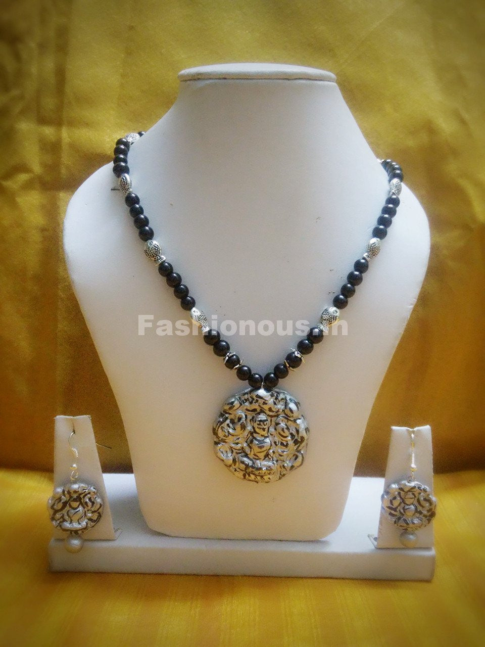 Combo of Lakshmi Pendant and German Silver and BlackBeads Polymer Clay Jewellery Set