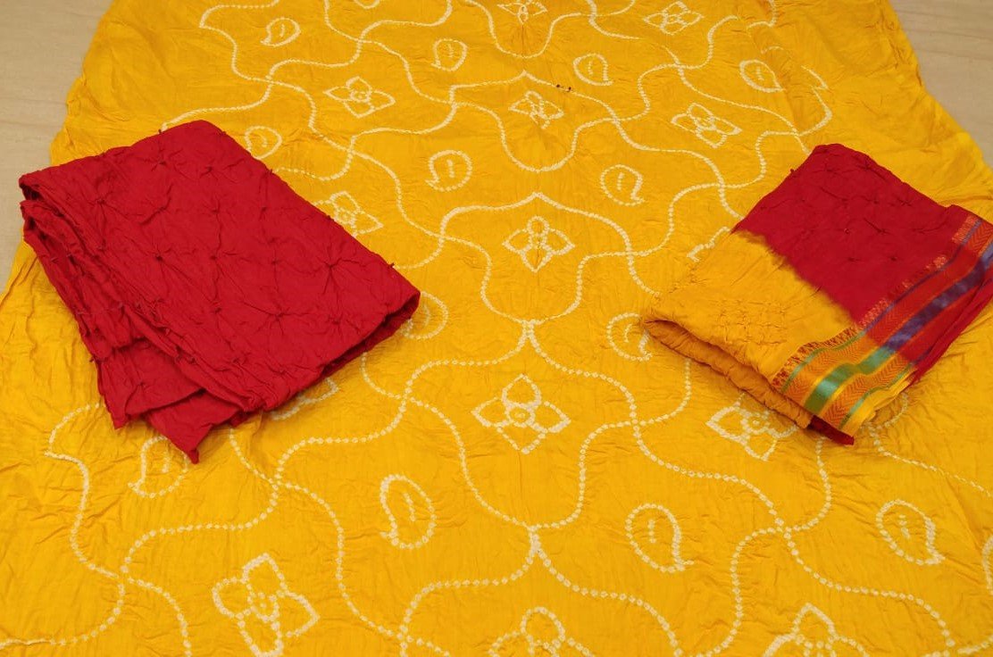 Mustard Magic Cotton Satin Dress Material CSDM003 Bright yellow & red combo 