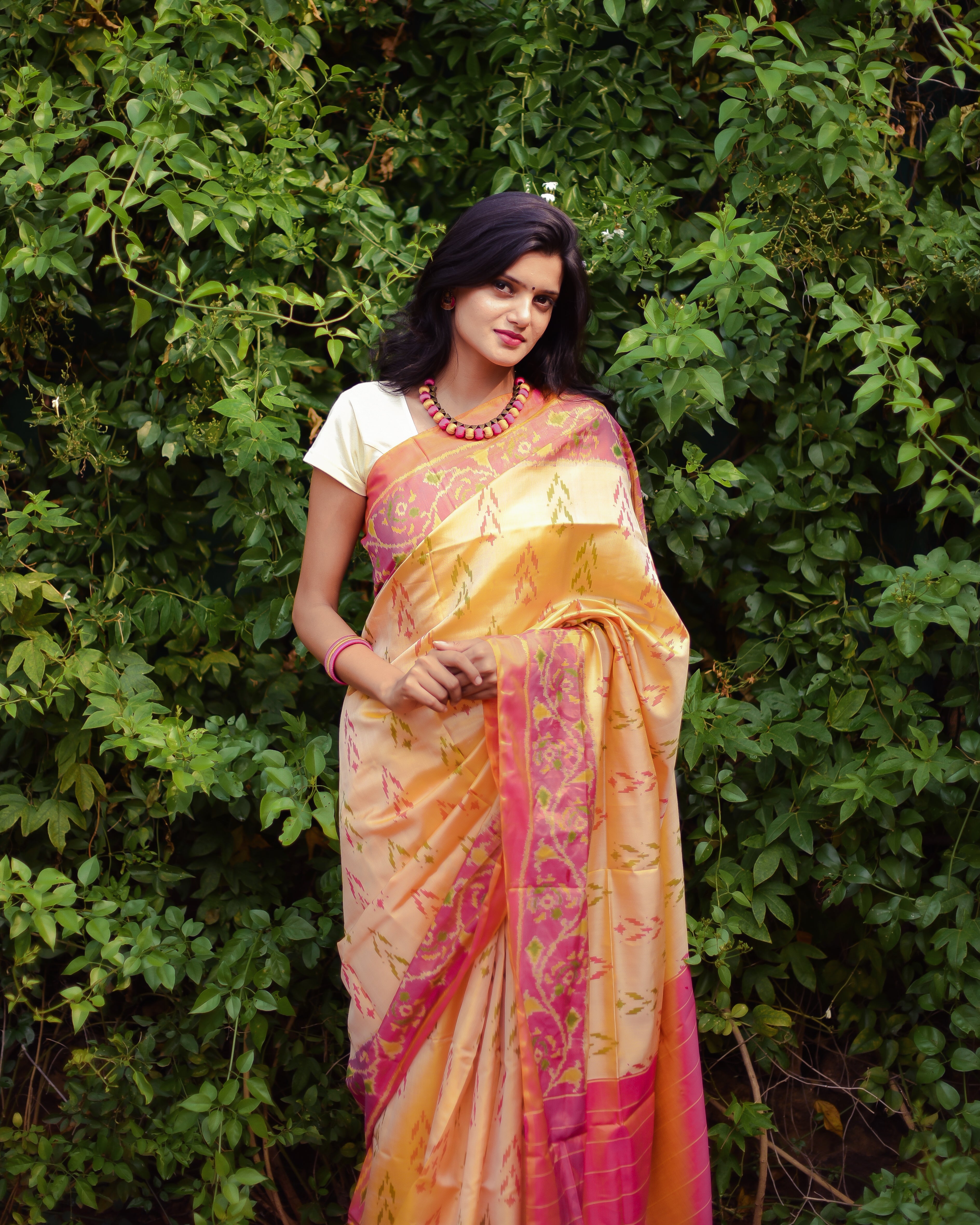 Cape Honey Cream and Pink Woven Kanjivram Silk Saree – MySilkLove