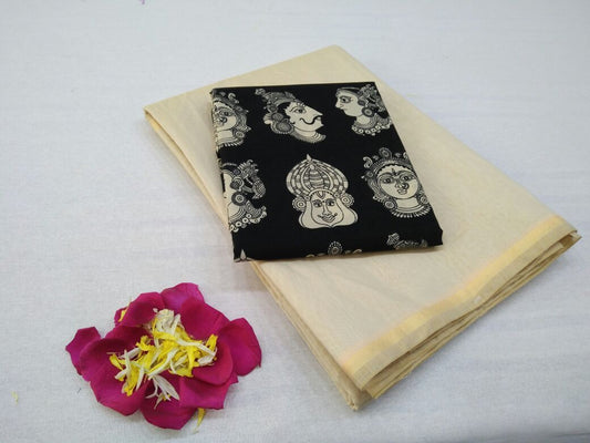 Cream with Face Designed Blouse Fancy Cotton Saree-SRE-754