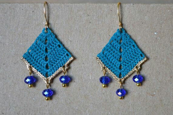 Blue Color Angle with Blue Beads Traditional Statement Crochet Earring Sets 