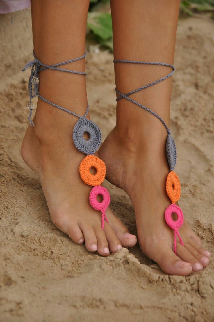 Hand-made Adjustable Gray-Orange-Pink Circular Loop Design Cotton Barefoot Women Crochet Anklets