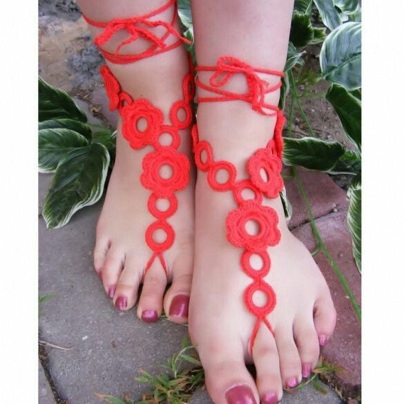 Hand-made Adjustable Orange Color with Circular Loop Design Cotton Barefoot Women Crochet Anklets