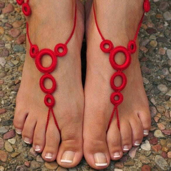 Hand-made Adjustable Red Color with Circular Loop Design Cotton Barefoot Women Crochet Anklets