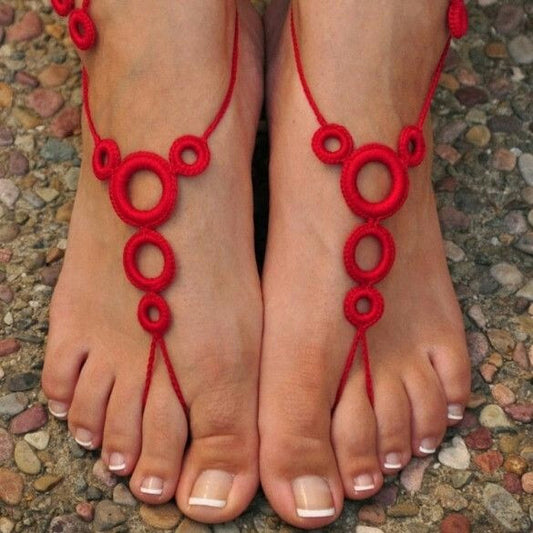 Hand-made Adjustable Red Color with Circular Loop Design Cotton Barefoot Women Crochet Anklets