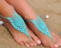 Hand-made Adjustable Turquoise Color Cotton Barefoot Women Crochet Anklets