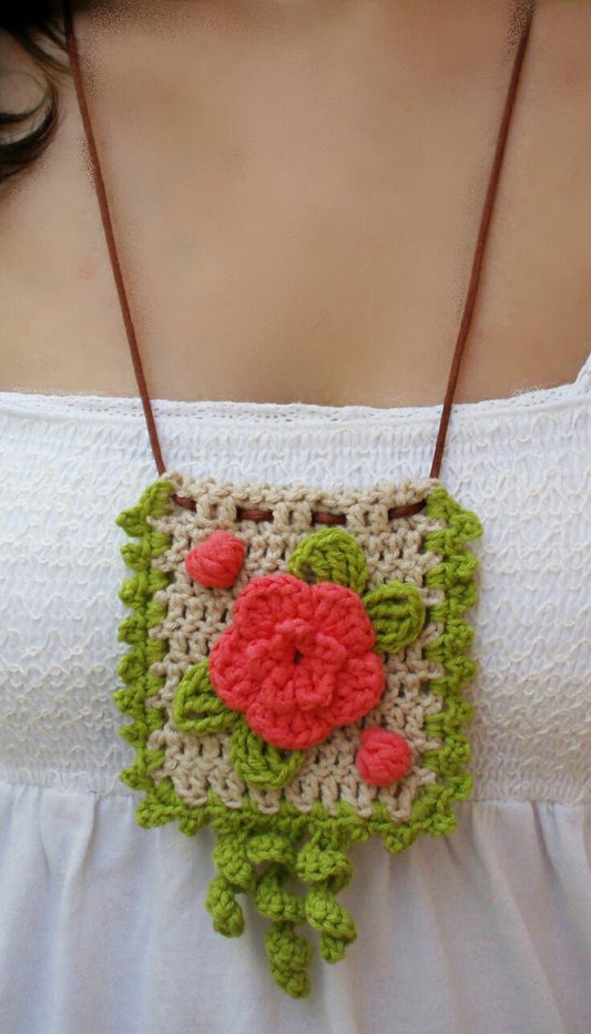Handmade Pendent Crochet Jewellery Set inGreen and Cream Color with Orange flower