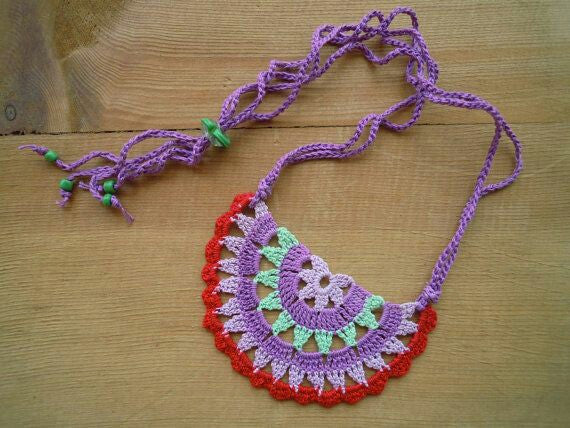 Handmade Pendent Crochet Jewellery Set in Purple ,Red and Turquoise Color Half Floral Design