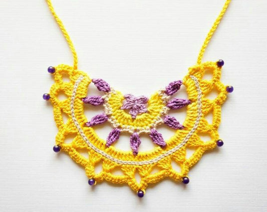 Handmade Pendent Crochet Jewellery Set in Yellow and Purple Color Half Floral Design with PurpleBeads