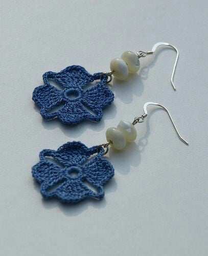 Navy Blue Color Floral with White Beads Traditional Statement Crochet Earring Sets