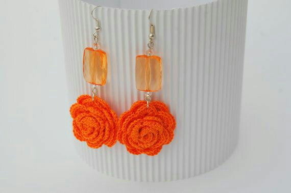 Orange  Rose With Orange  Beads Traditional Statement Crochet Earring Sets