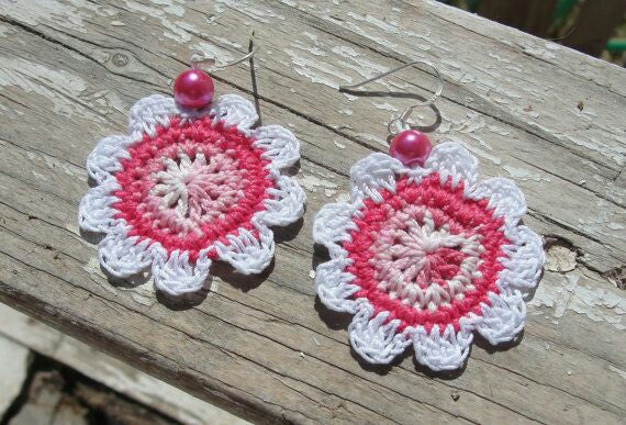 Pink And White Color Floral with Pink Beads Traditional Statement Crochet Earring Sets