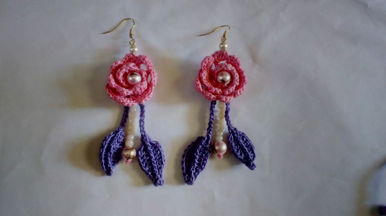 Pink Rose Purple Leaves With White Beads Traditional Statement Crochet Earring Sets