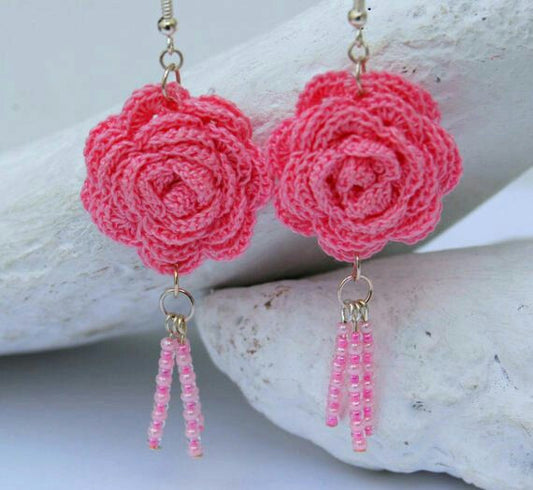 Pink Rose With Pink Chained Beads Traditional Statement Crochet Earring Sets
