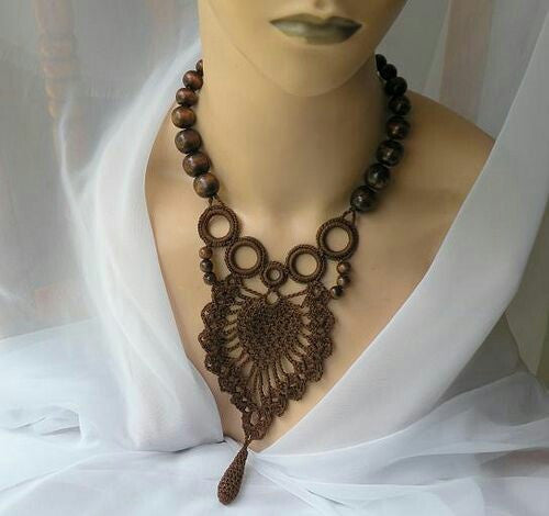 Tribal Crochet Jewellery Set in Brown Florals-Circular Loops with Brown Beads 