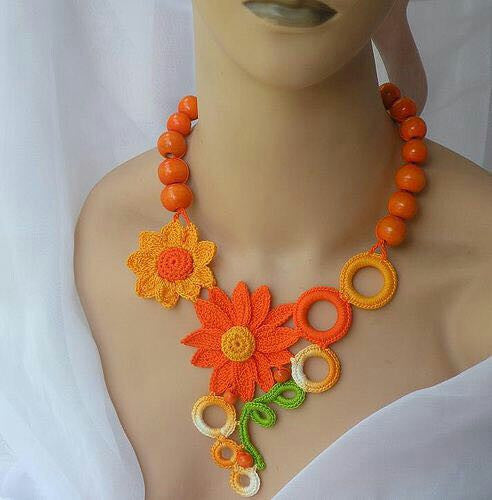 Tribal Crochet Jewellery Set in Orange Florals-Circular Loops with Orange Beads 