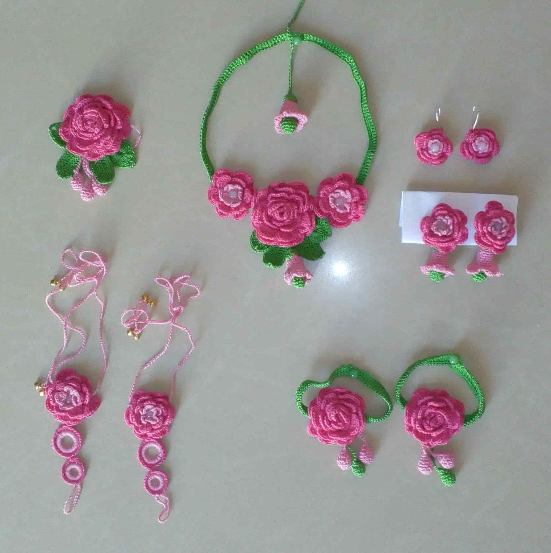 Tribal Crochet Jewellery Set in Pink Color Floral Design with Anklet-Three Earring Sets Set-HeadLocket