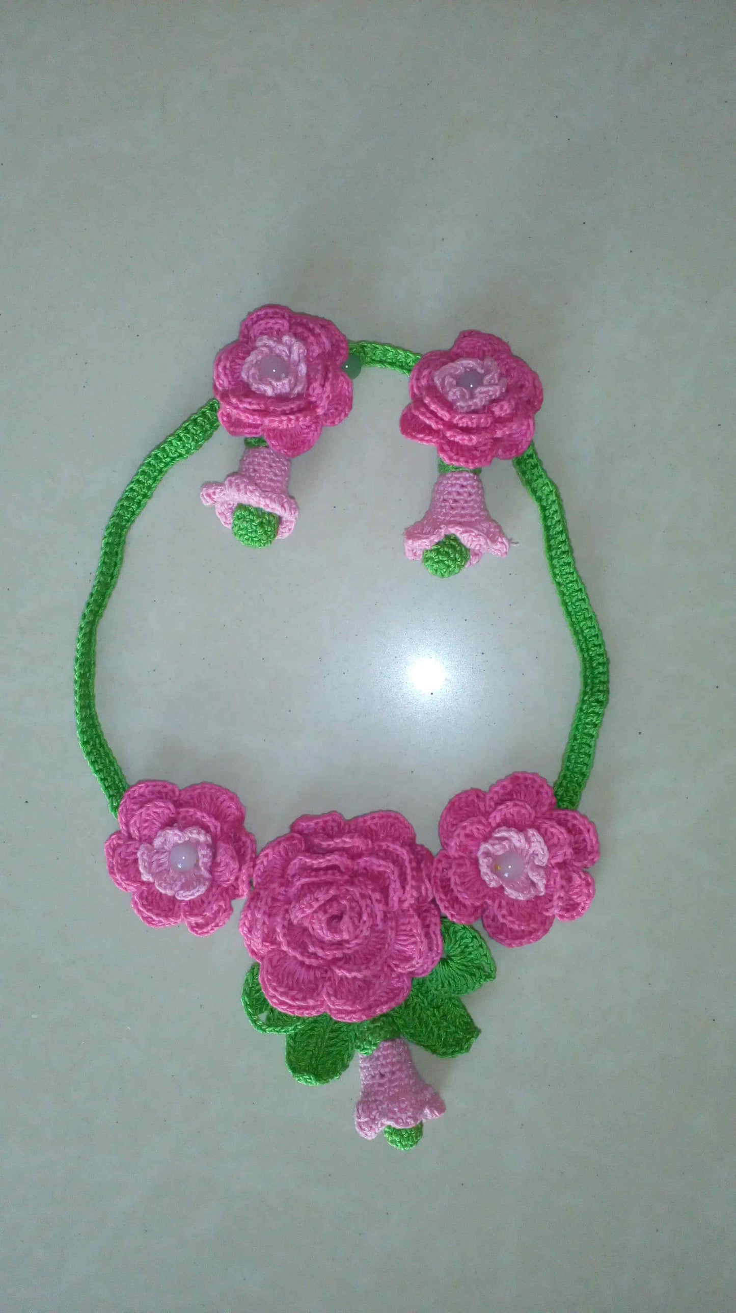 Tribal Crochet Jewellery Set in Pink Color Floral Design with Earring Sets Set