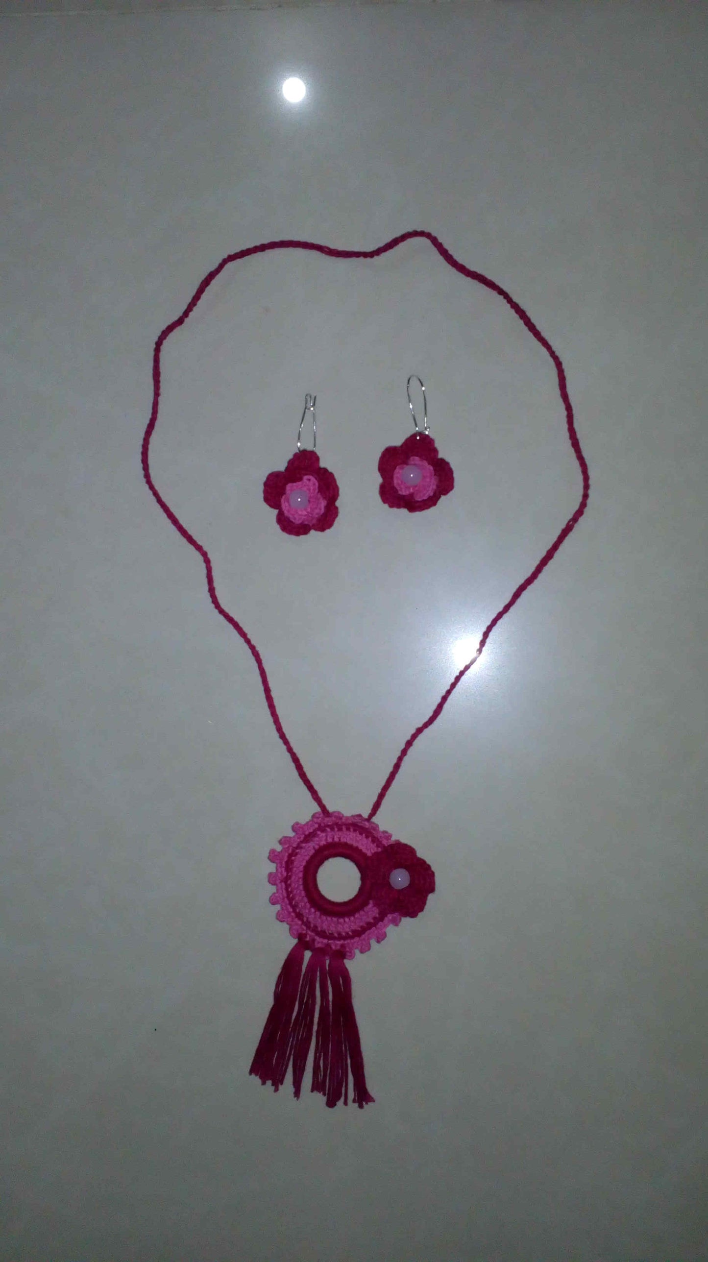 Tribal Necklace in Pink Color Crochet Jewellery Set