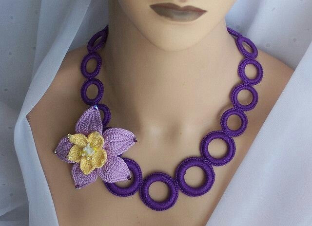Tribal Crochet Jewellery Set in Violet Circular Loops with Yellow Flowers 