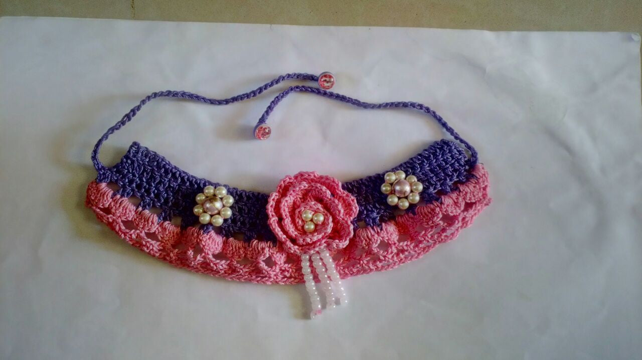 Tribal Crochet Jewellery Set in Violet and Pink Color Floral Design at Center with Golden CreamWhite Beads