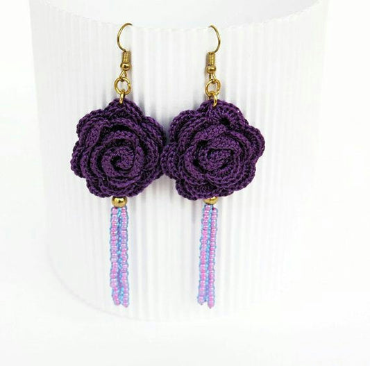 Violet  Rose With Purple Chained Beads Traditional Statement Crochet Earring Sets