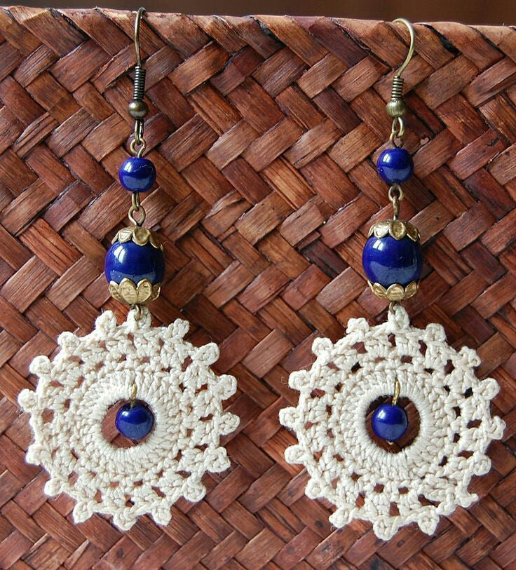 White Floral With Blue Beads Traditional Statement Crochet Earring Sets