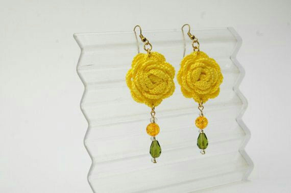 Yellow Rose With Yellow Green Chained Beads Traditional Statement Crochet Earring Sets