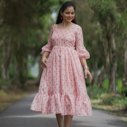 Blushing Blossoms: Custom-Made Printed Pink Long Dress - CSTMDS1007