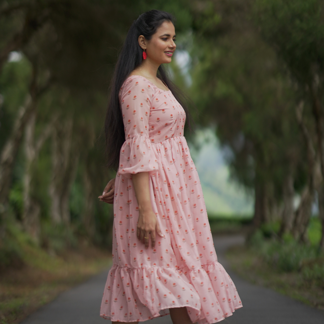 Blushing Blossoms Custom Made Printed Pink Long Dress
