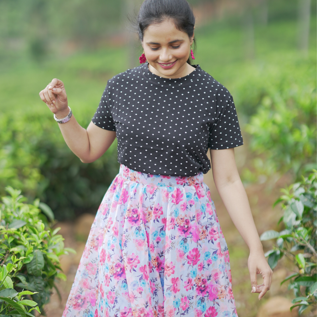 Playful Perfection: Black Polka Dot T-Shirt & Custom-Made Printed Skirt Combo - CSTMDS1008