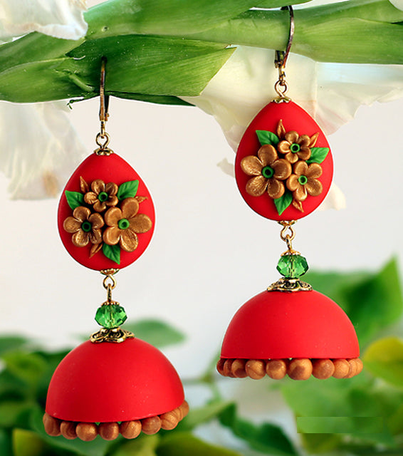 Red – Gold Floral Polymer Clay Jhumka