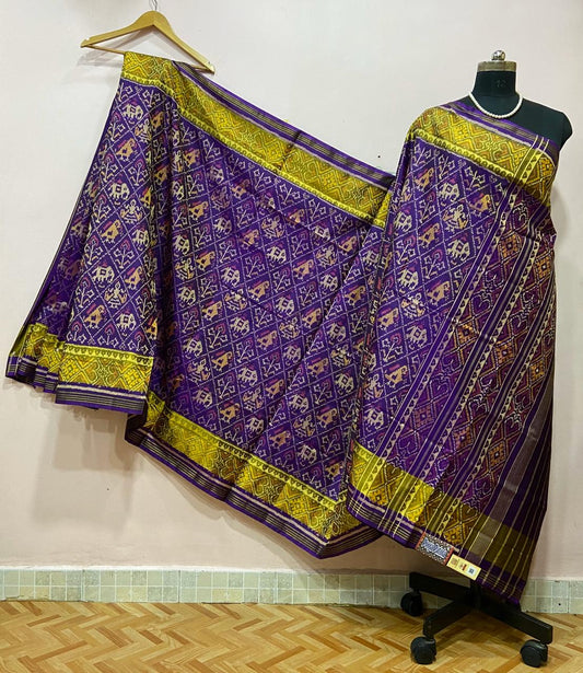 Dark Purple Diamond Parrot and Elephant Designed Patola Silk Saree-PSS1001