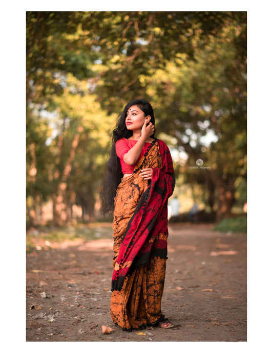 Marbled Beauty- Yellow-Red Pom Pom Saree