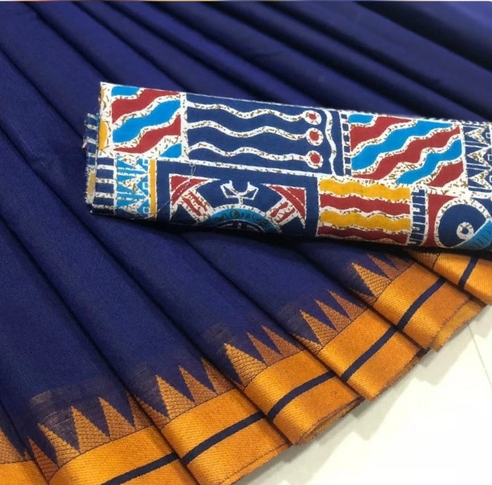 Dark Blue Chettinad Saree with Temple Border-CS615