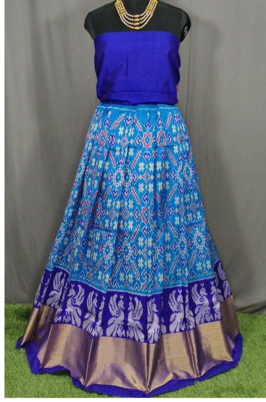 Dark Blue and Light Blue Ikkat Pure Silk Lehenga