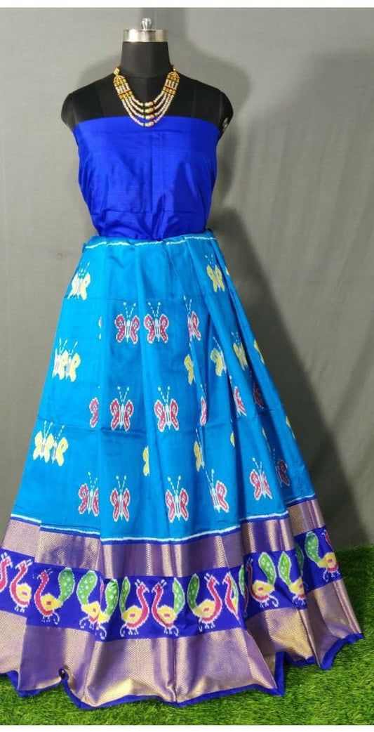 Dark Blue and Light Blue Peacock Border Ikkat Pure Silk Lehenga