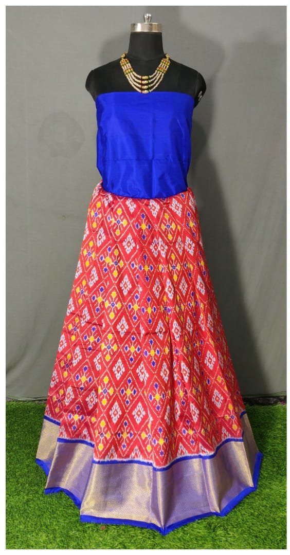 Dark Blue and Red Ikkat Pure Silk Lehenga