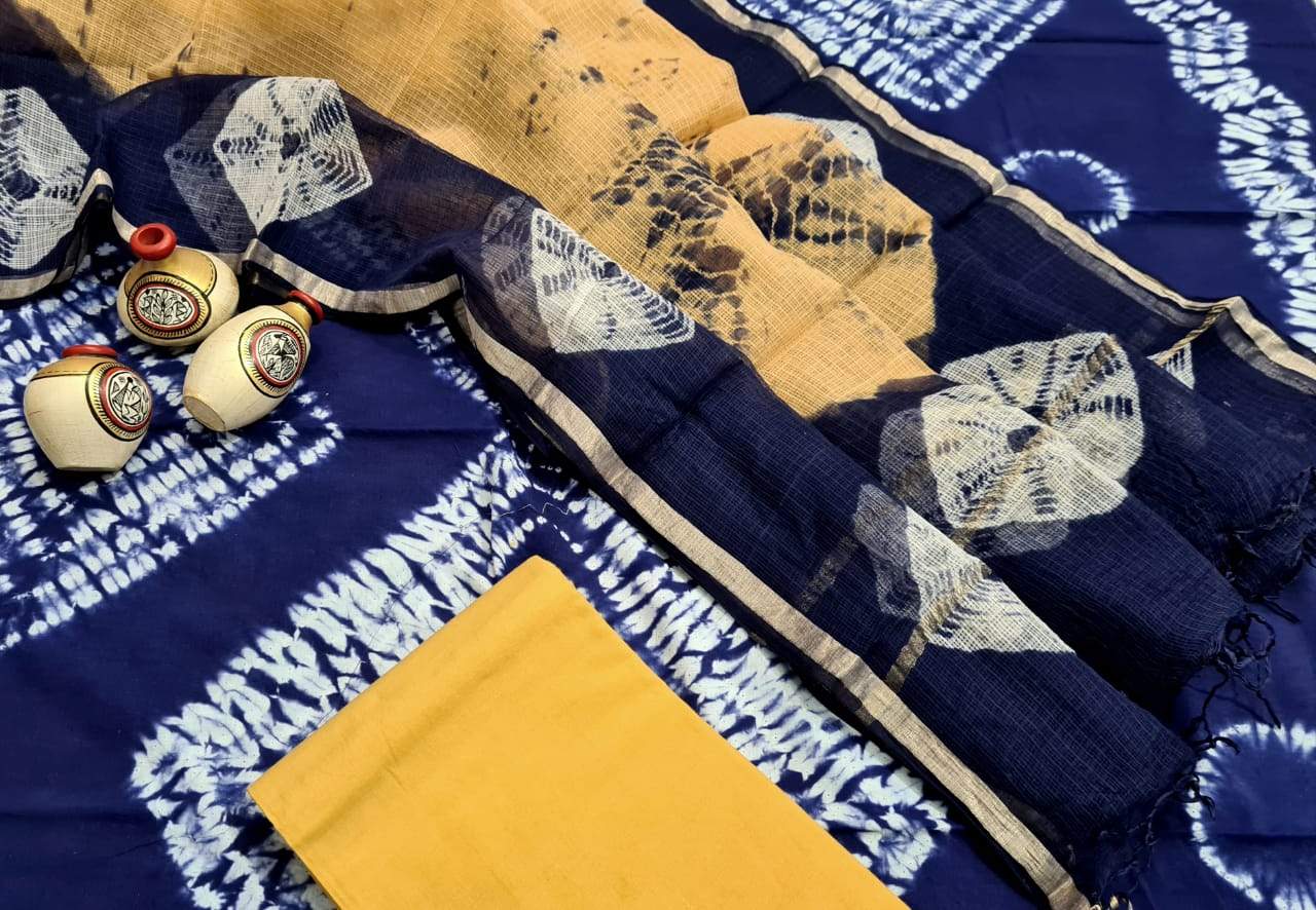 Dark Blue and Yellow Handblock Unstitched Printed Cotton Suit