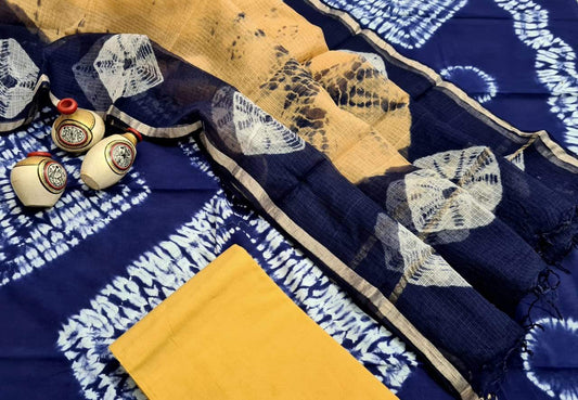 Dark Blue and Yellow Handblock Unstitched Printed Cotton Suit