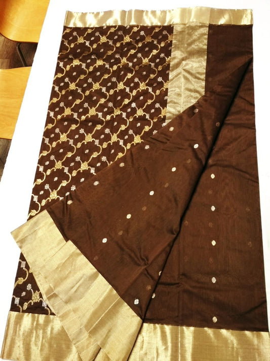 Dark Brown with Golden Chained Floral Zari Border Chanderi Silk Saree-CHANSRE-079