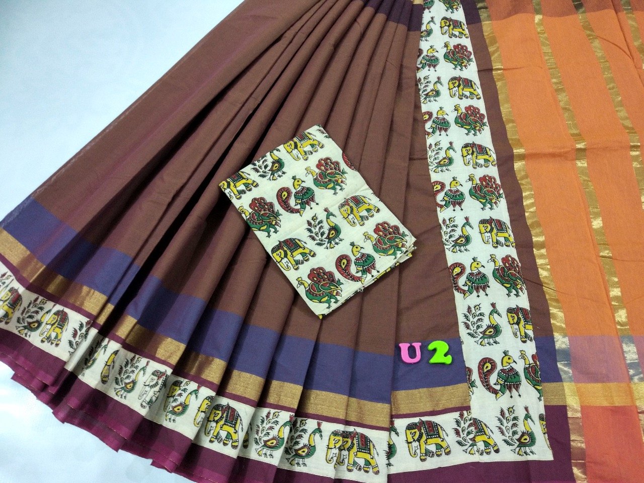 Dark Brown with Kalamkari Blouse Kotta Mercerized Cotton Saree-SRE-816